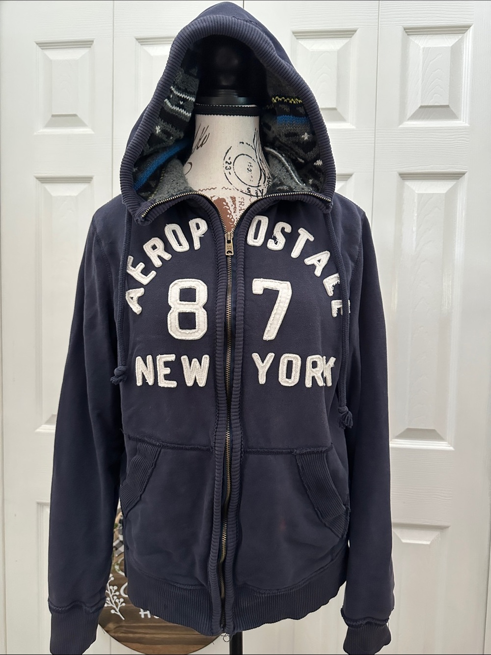 Vintage Aeropostale Navy Blue '87 New York Sweater Lined Zip-Up Hoodie